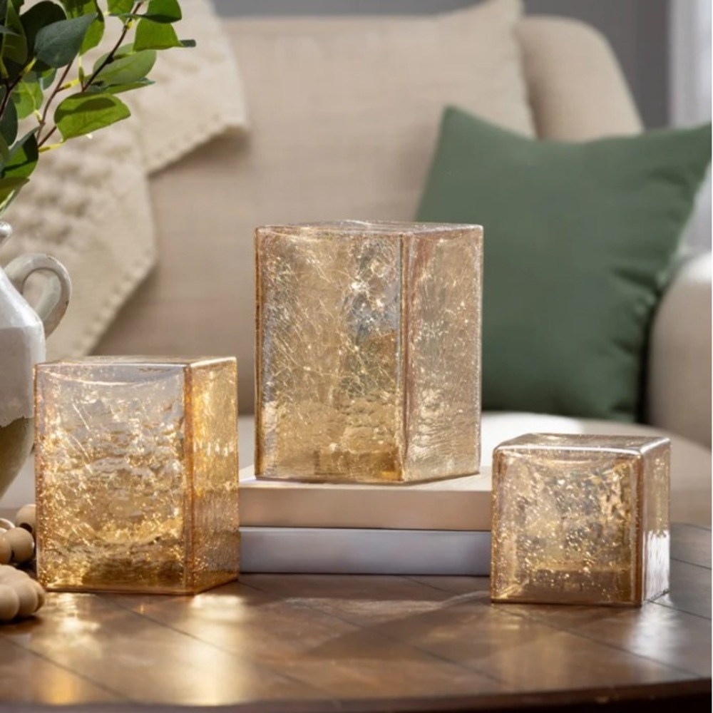 Set of 3 Evergreen LED Glass Cube Towers Light Up Table Decor Batteries Included